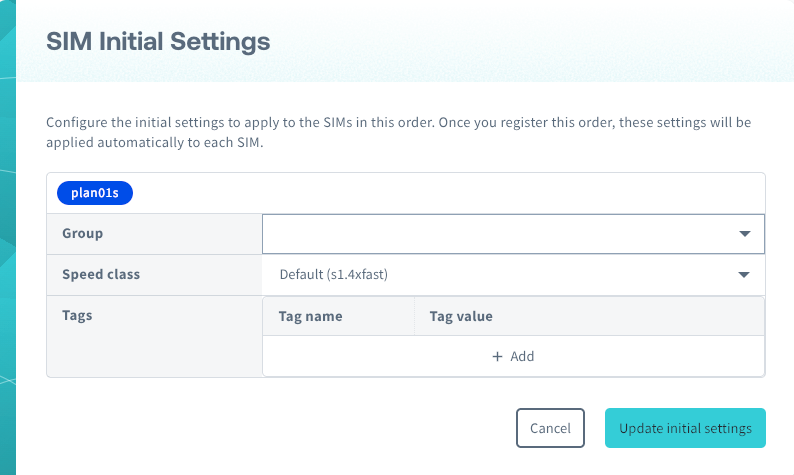 Screenshot of the Assign Initial Settings screen for SIMs in an order