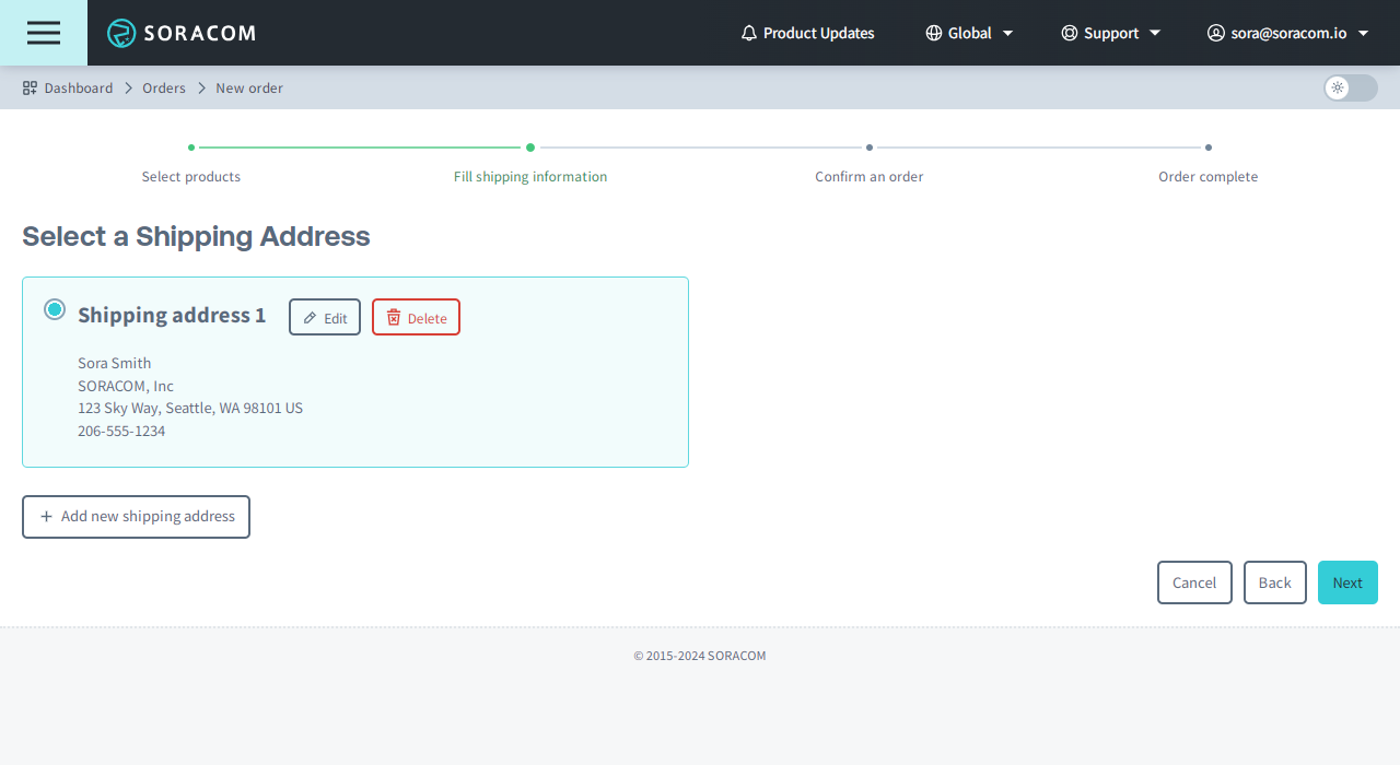 Screenshot of selecting a shipping address in the New Order flow