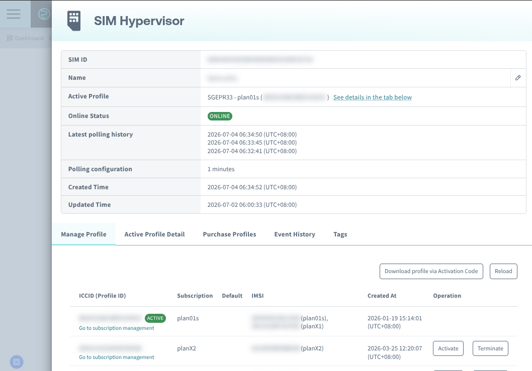 SIM Hypervisor screen
