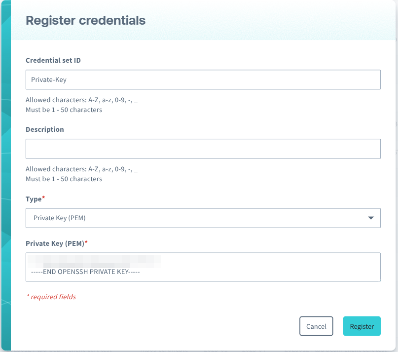 Screenshot of Private Key registration