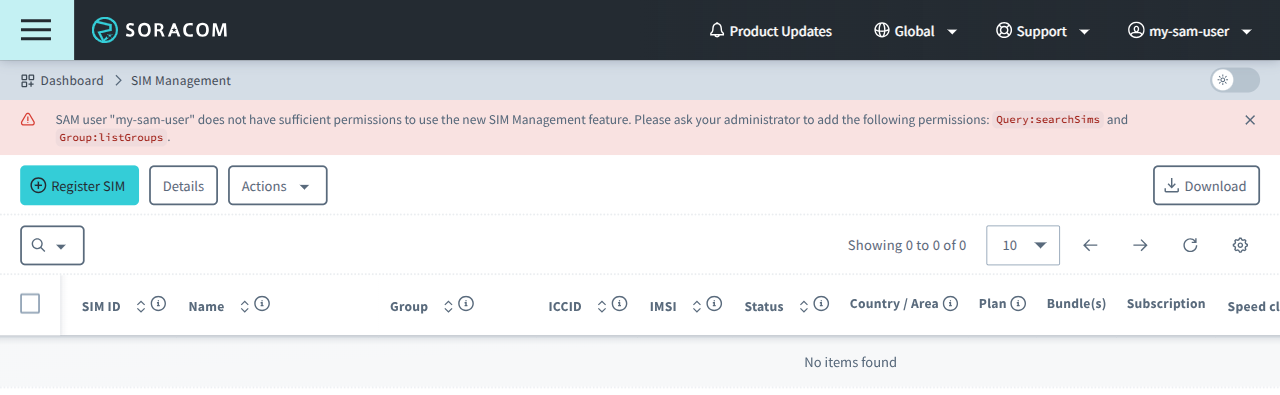 Screenshot of a SAM user invoking a message indicating the need of additional privileges