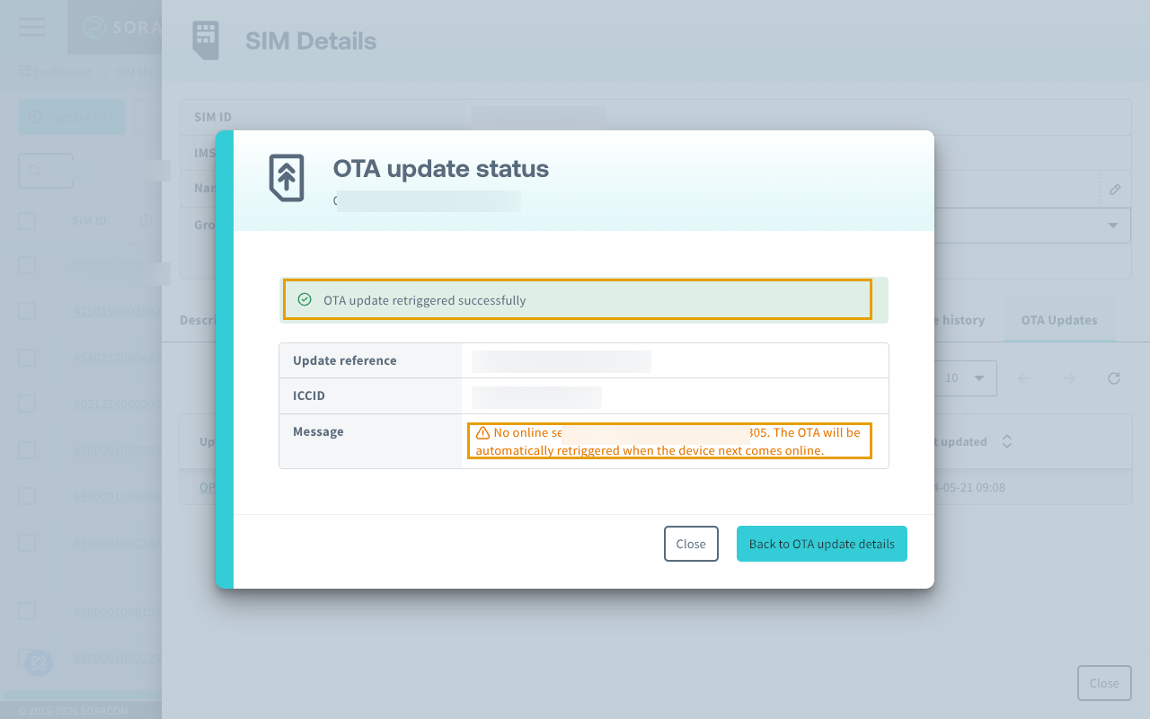 Retrigger result screen (IoT SIM offline)