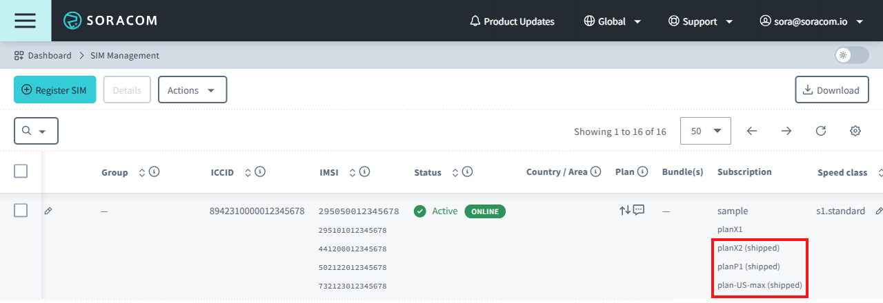 An image of subscription delivery status displayed in the SIM Management screen. The Subscriptions column shows a delivery status for plans such as planX2 (shipped), planP1 (shipped), and plan-US-max (shipped).