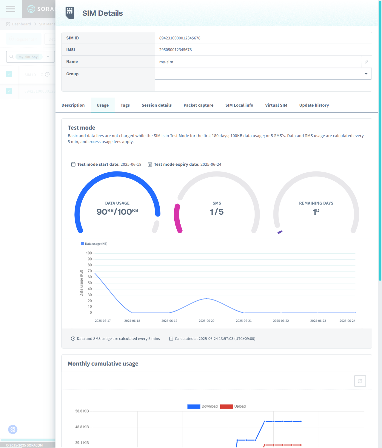 Screenshot of the SIM Details screen in the Soracom User Console, showing the 'Usage' tab with details on remaining Test Mode data, SMS messages, and time