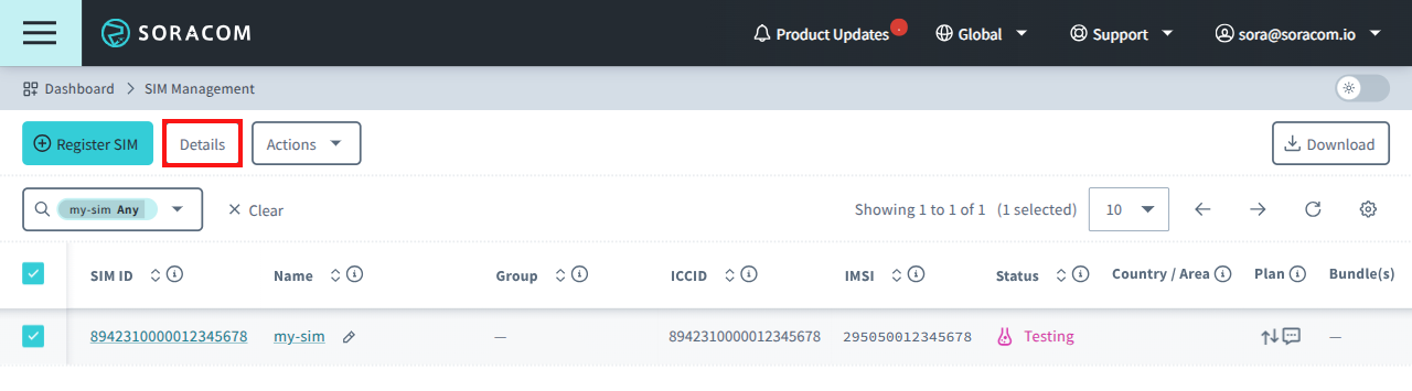 Screenshot of the Soracom User Console's SIM Management screen, with a SIM card selected and the 'Details' button highlighted
