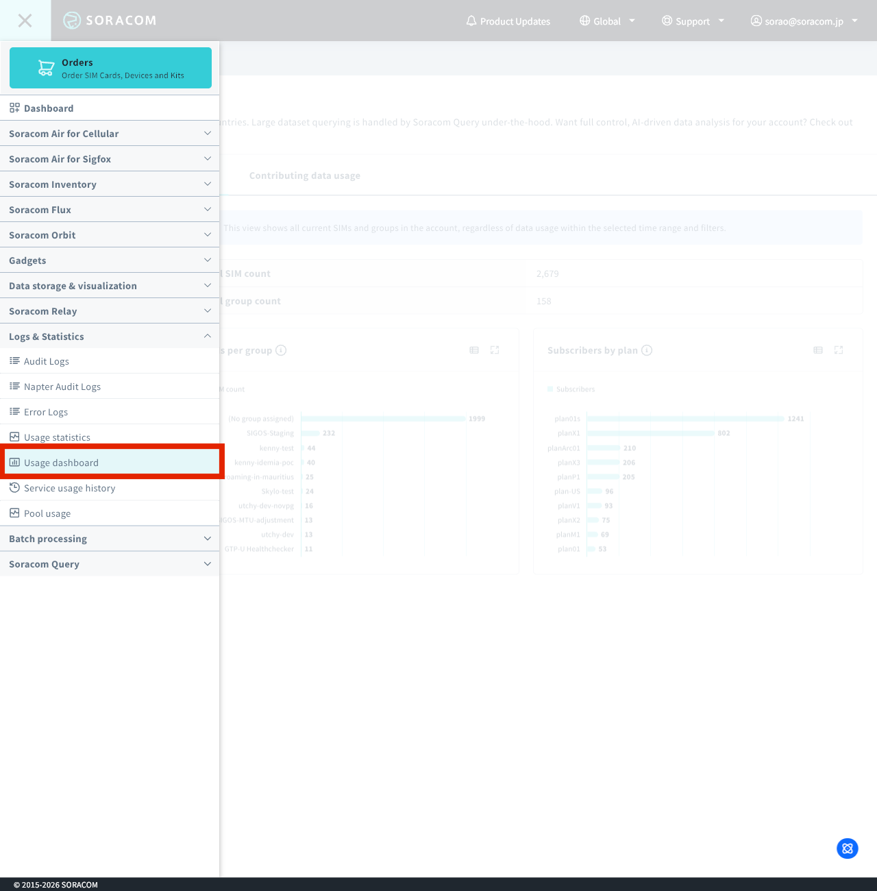 Screenshot of the left navigation menu with Logs & Statistics expanded and Usage Dashboard highlighted