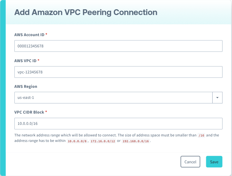 Enter peering connection details