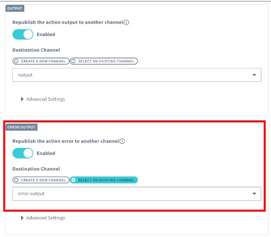 Error Output settings for an action