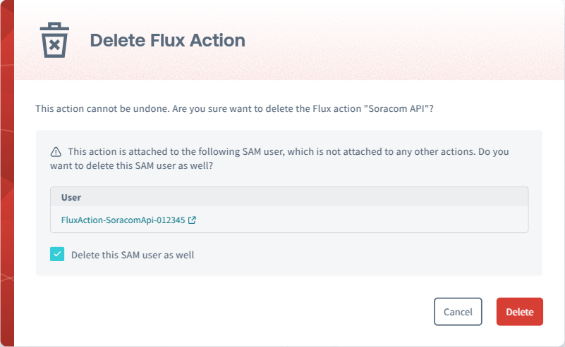 Confirmation dialog for deleting a SAM user