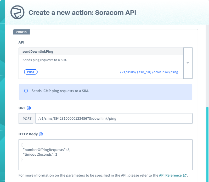 Screenshot of sendDownlinkPing **Config** section settings