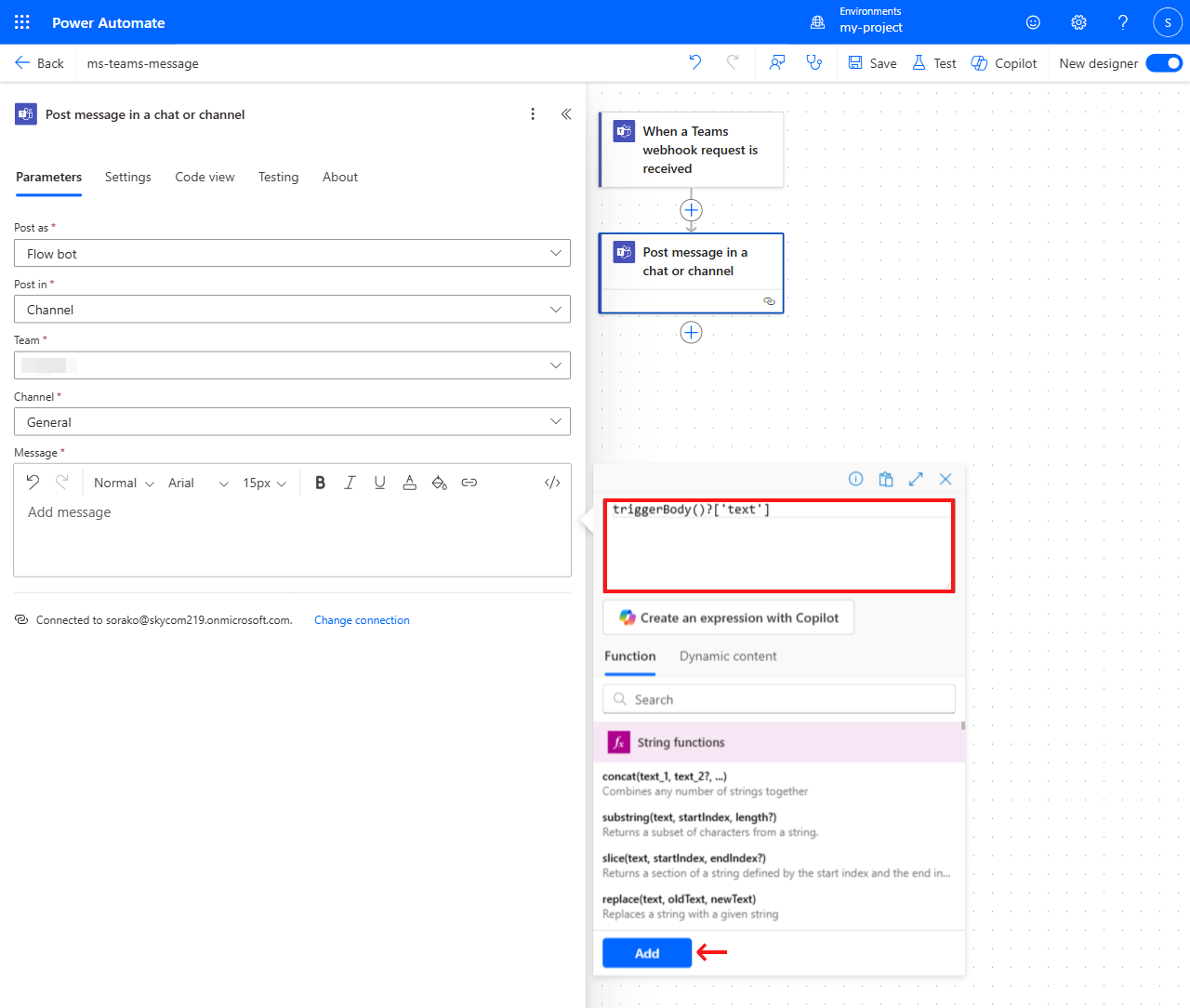 Power Automate configuration showing triggerBody() function input