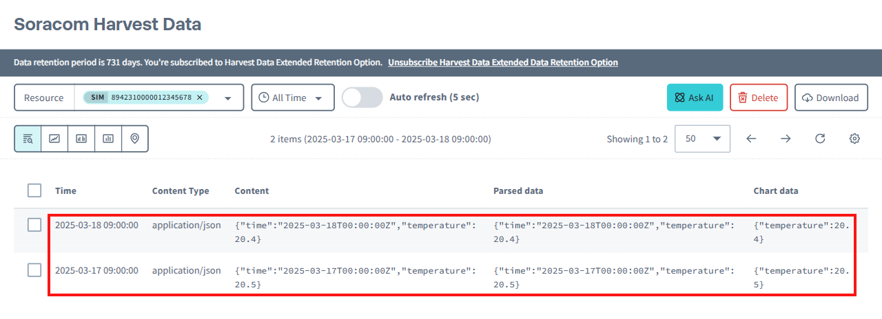 Screenshot of Harvest Data: Time, Content Type, Content, Parsed data, and Chart data items shown.