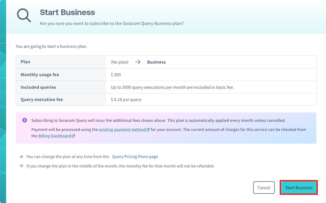Screenshot of the Business plan confirmation dialog showing plan details