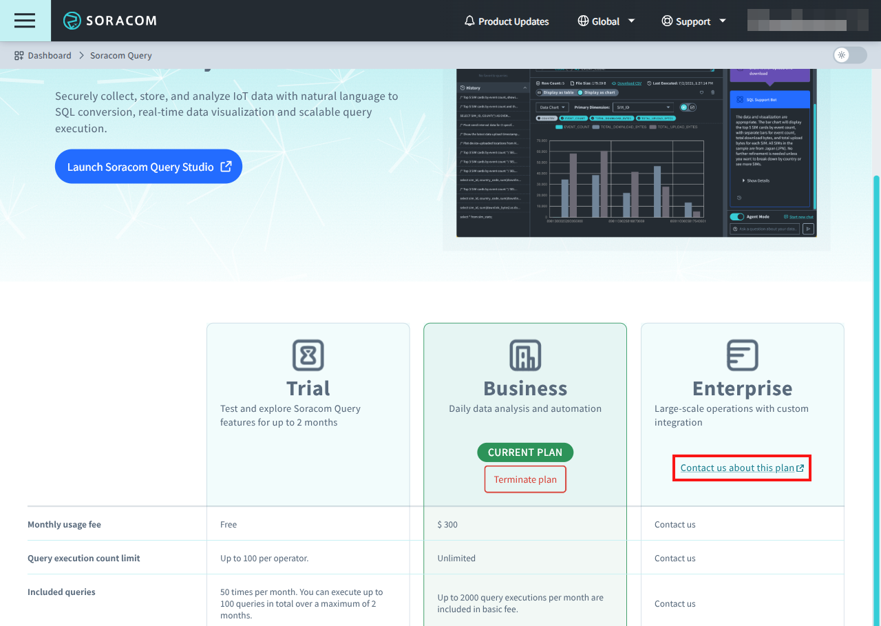 Screenshot of the link to contact Soracom for an Enterprise plan
