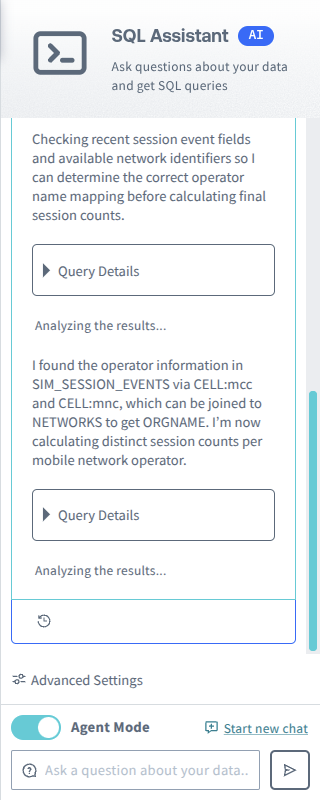 Screenshot of the SQL Assistant panel showing one question that produced two query steps, each with a Query Details disclosure