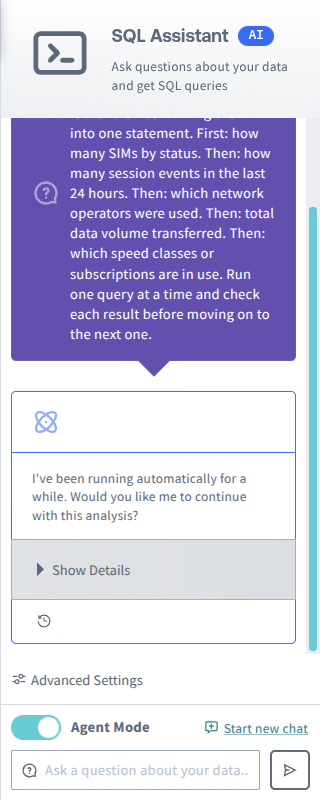 Screenshot of the SQL Assistant pausing after five queries and asking whether to continue, with the completed steps collapsed behind a Show Details disclosure