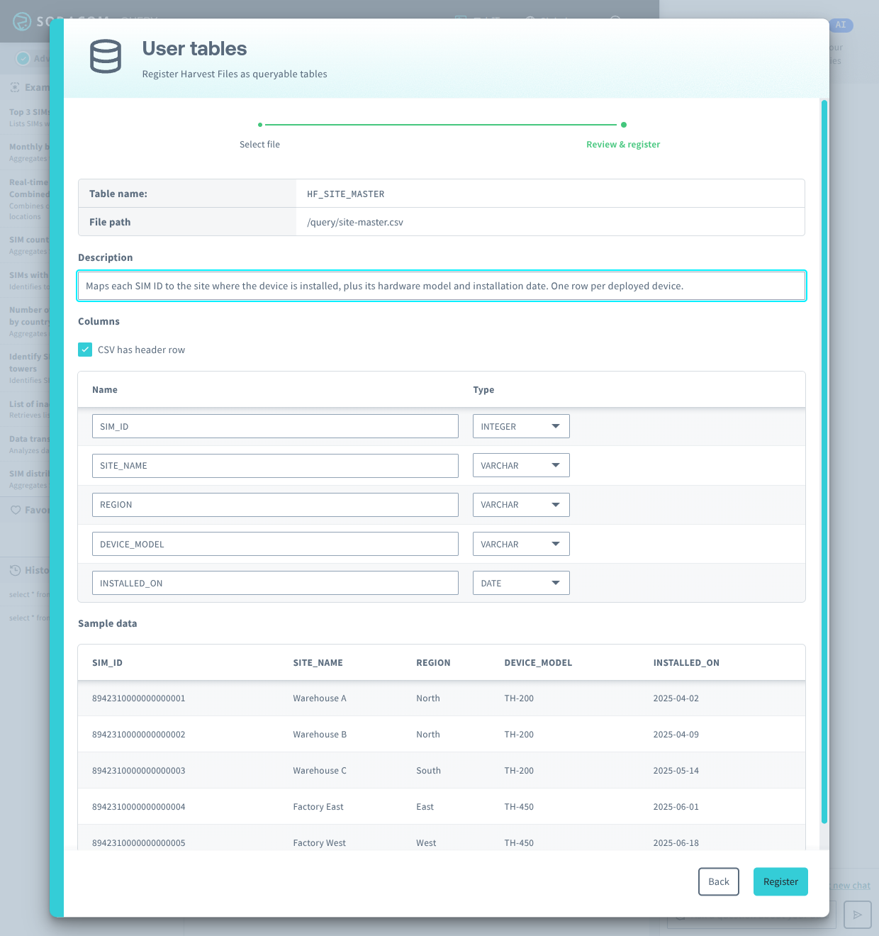 Screenshot of the preview step showing derived columns, inferred types, and sample rows