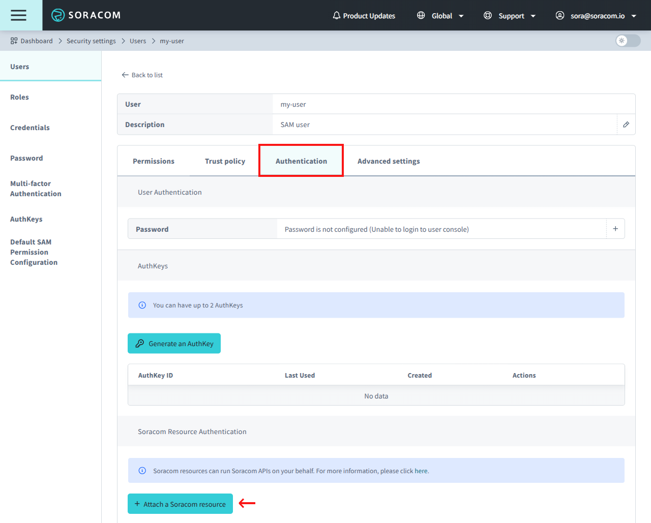 The Authentication tab selected in the SAM user settings, showing a button to attach a Soracom resource.