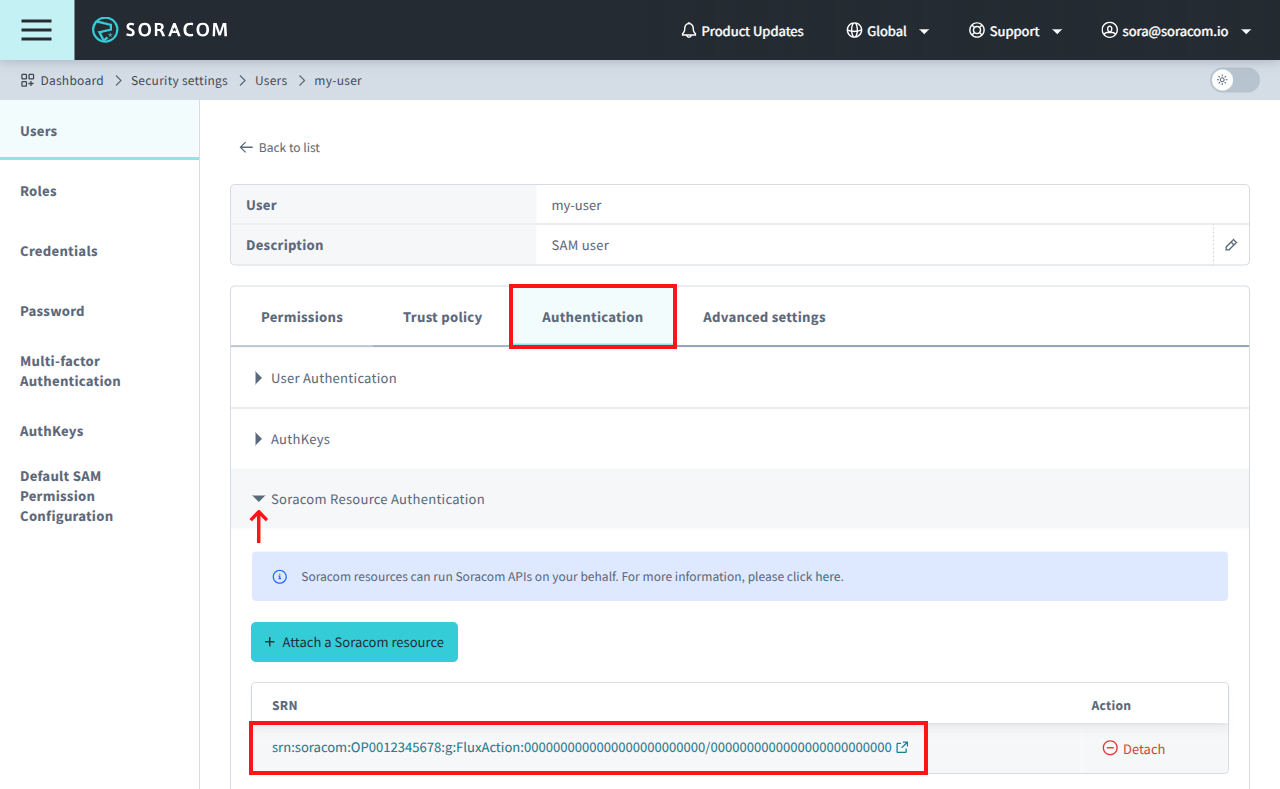 A view of the attached Soracom resources with an option to navigate to the resource.