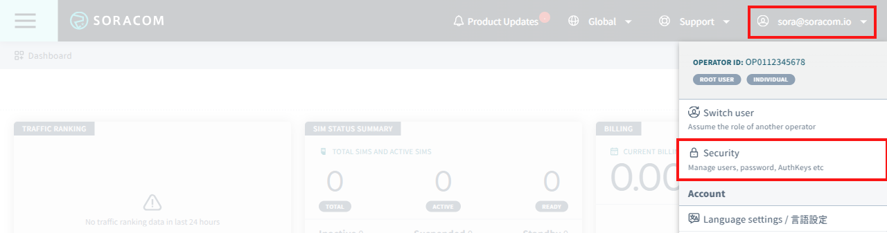 A screenshot of the Soracom User Console with the account menu open and the 