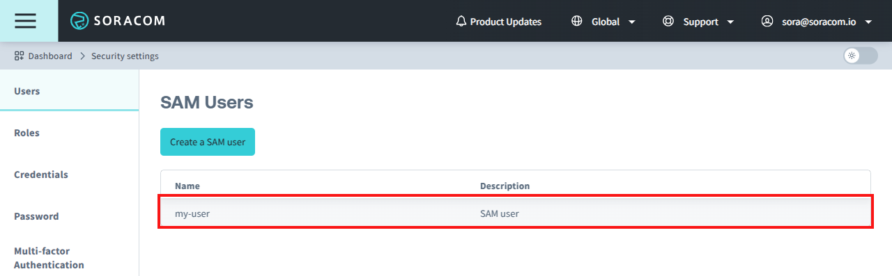 A list of SAM users in the Soracom Console with one user highlighted.