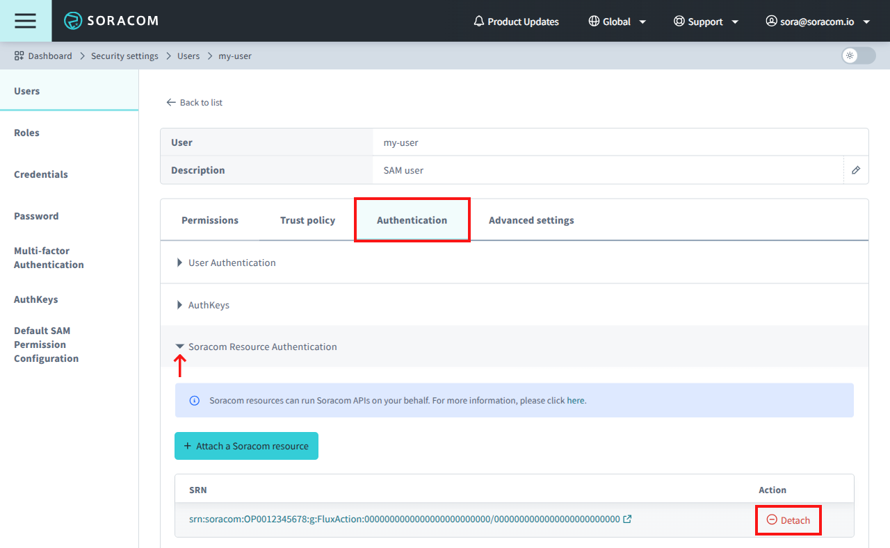 A view of the attached Soracom resources with an option to detach an existing resource.