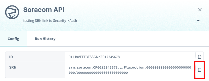 Action configuration dialog with a box around the button that copies the SRN value