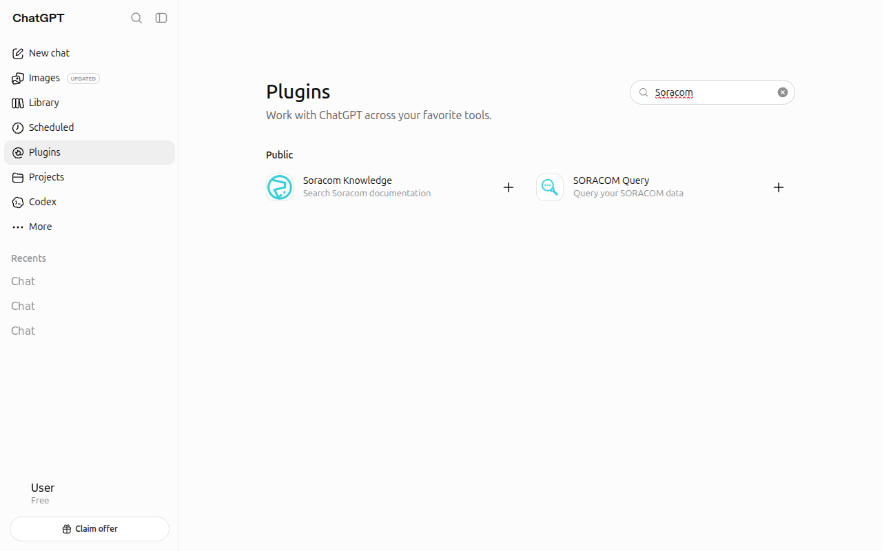 Screenshot of the ChatGPT plugin directory searched for Soracom, showing the SORACOM Query and Soracom Knowledge entries