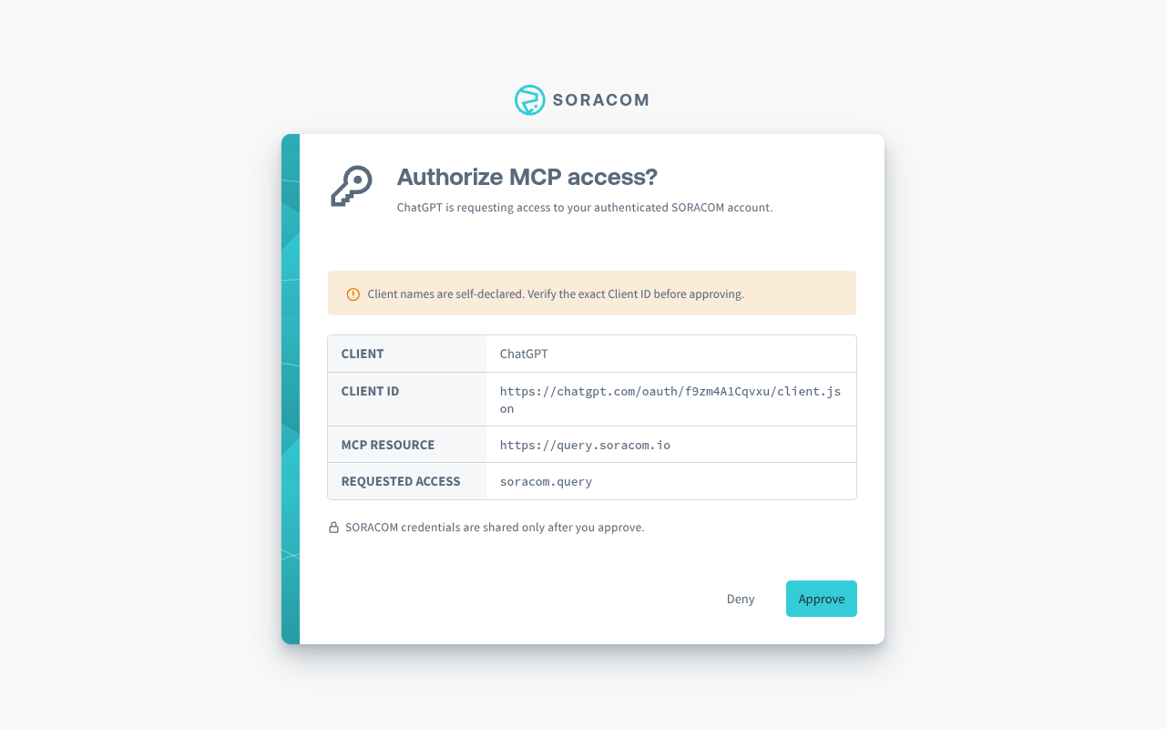 Screenshot of the Authorize MCP access page for ChatGPT showing the client, client ID, MCP resource, and requested access