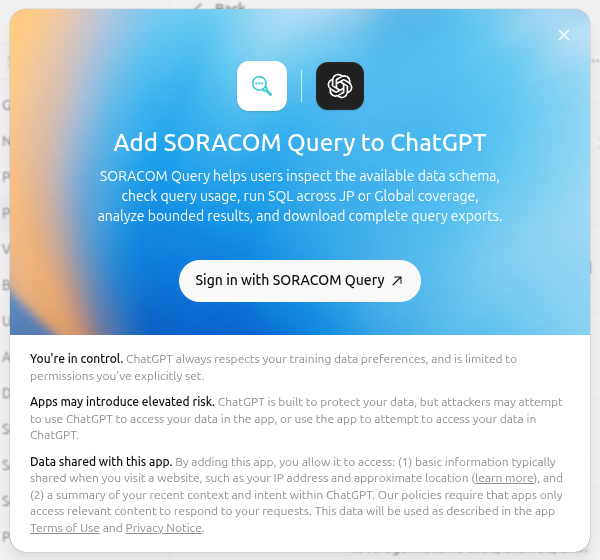 Screenshot of the Add SORACOM Query to ChatGPT dialog showing the Sign in with SORACOM Query button