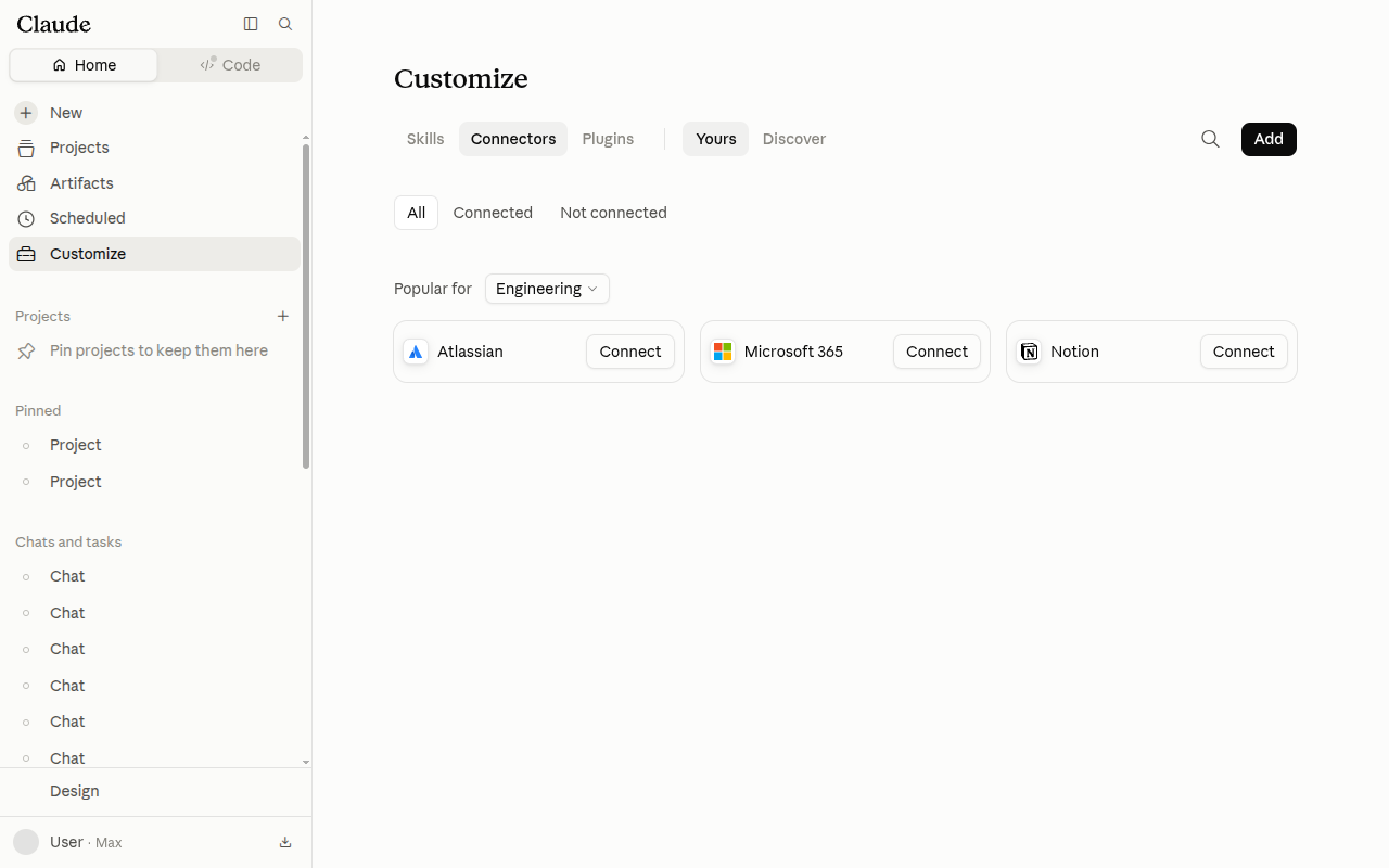 Screenshot of the Customize page in Claude with the Connectors tab selected, showing the Yours and Discover tabs and the Add button