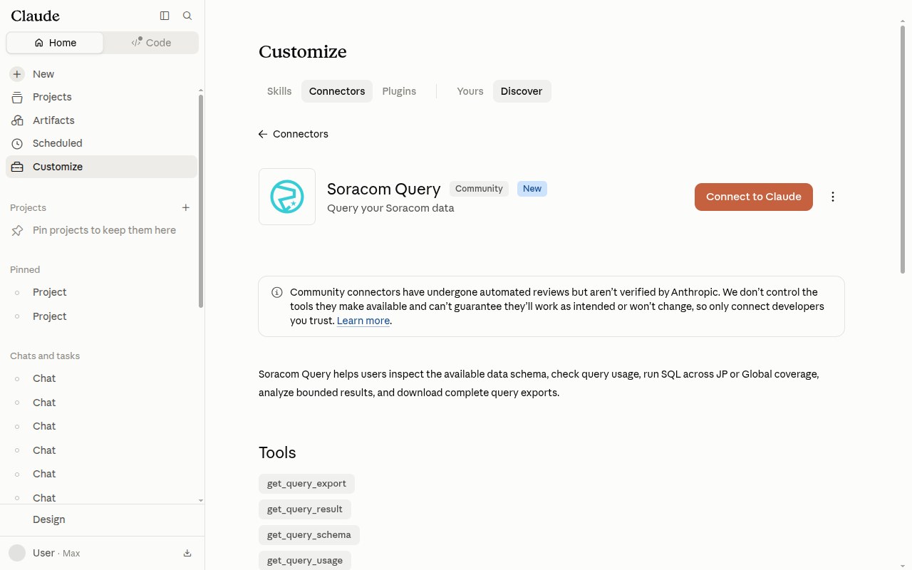 Screenshot of the Soracom Query connector listing showing the Connect to Claude button, the description, and the five tools