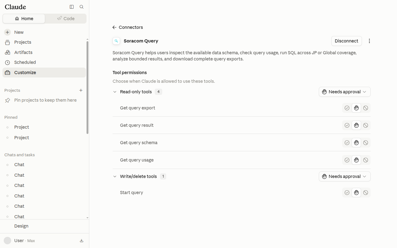 Screenshot of the Soracom Query connector page showing Tool permissions with four read-only tools and one write tool