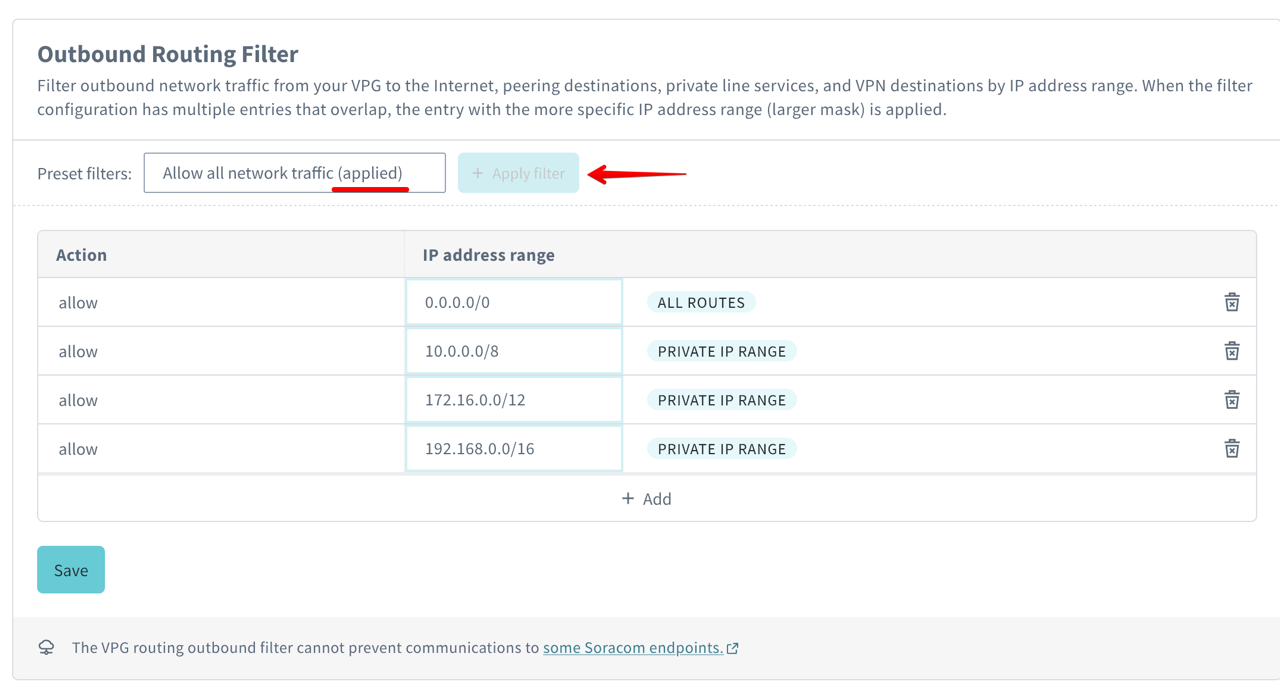Screenshot showing the outbound routing filter applied preset