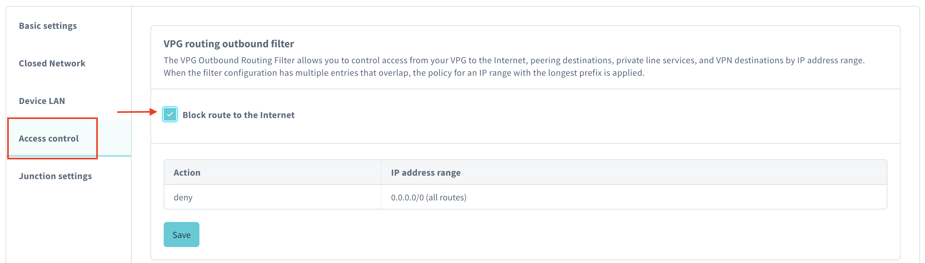 Screenshot showing the outbound routing filter configuration screen set to block route to the internet