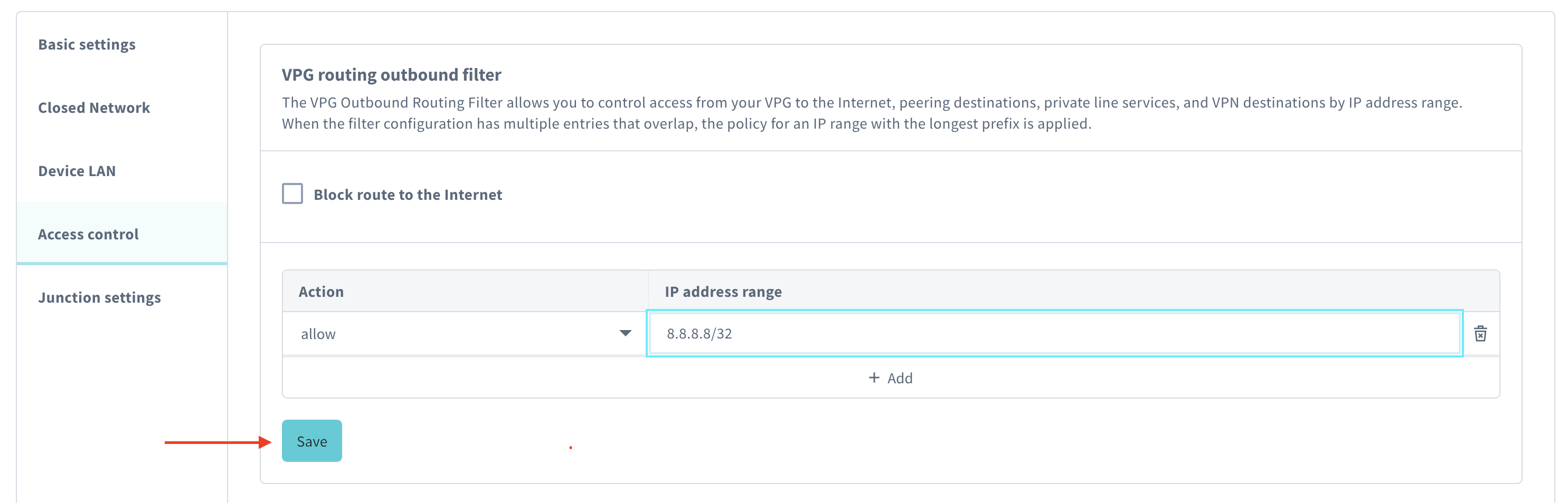 Screenshot showing an example of an outbound routing filter configuration