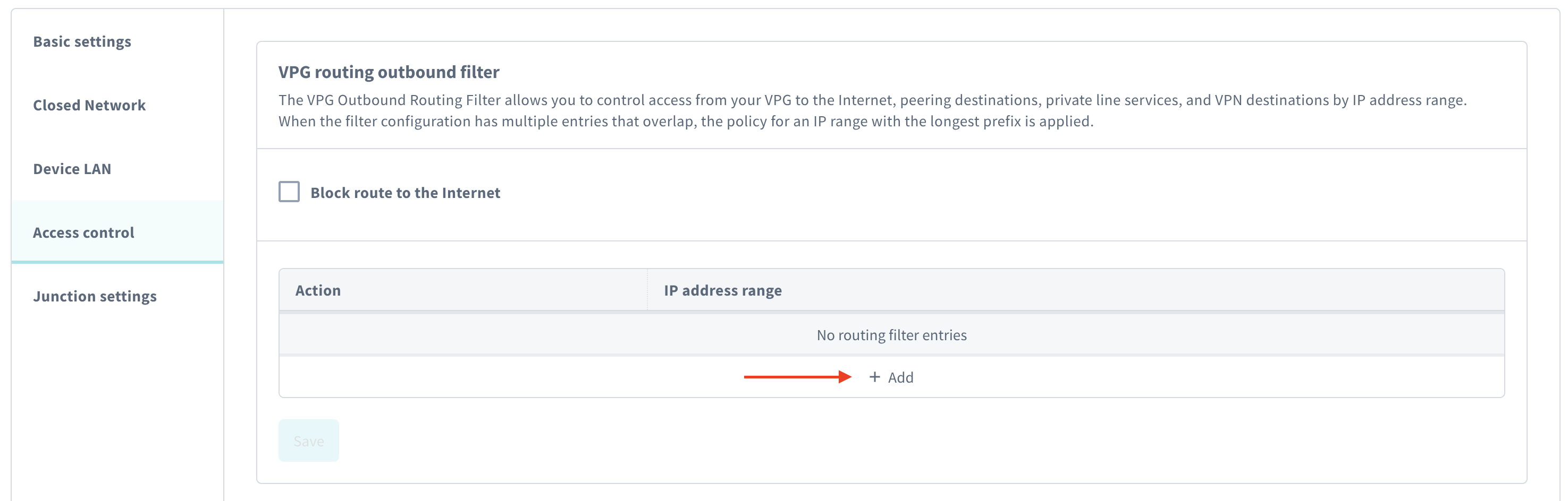 Screenshot showing the outbound routing filter configuration screen