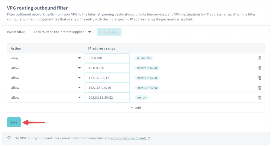 Screenshot showing a completed outbound filter configuration before saving