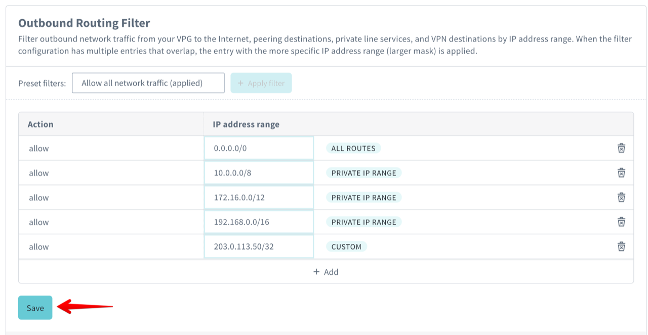 Screenshot showing a completed outbound filter configuration before saving