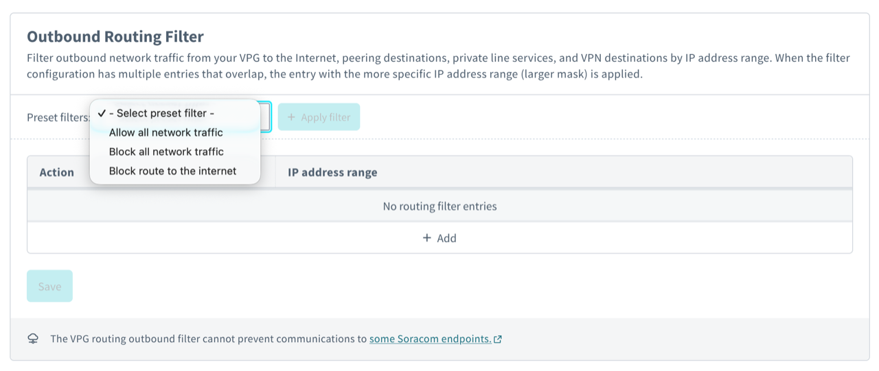 Screenshot showing the outbound routing filter preset filters dropdown