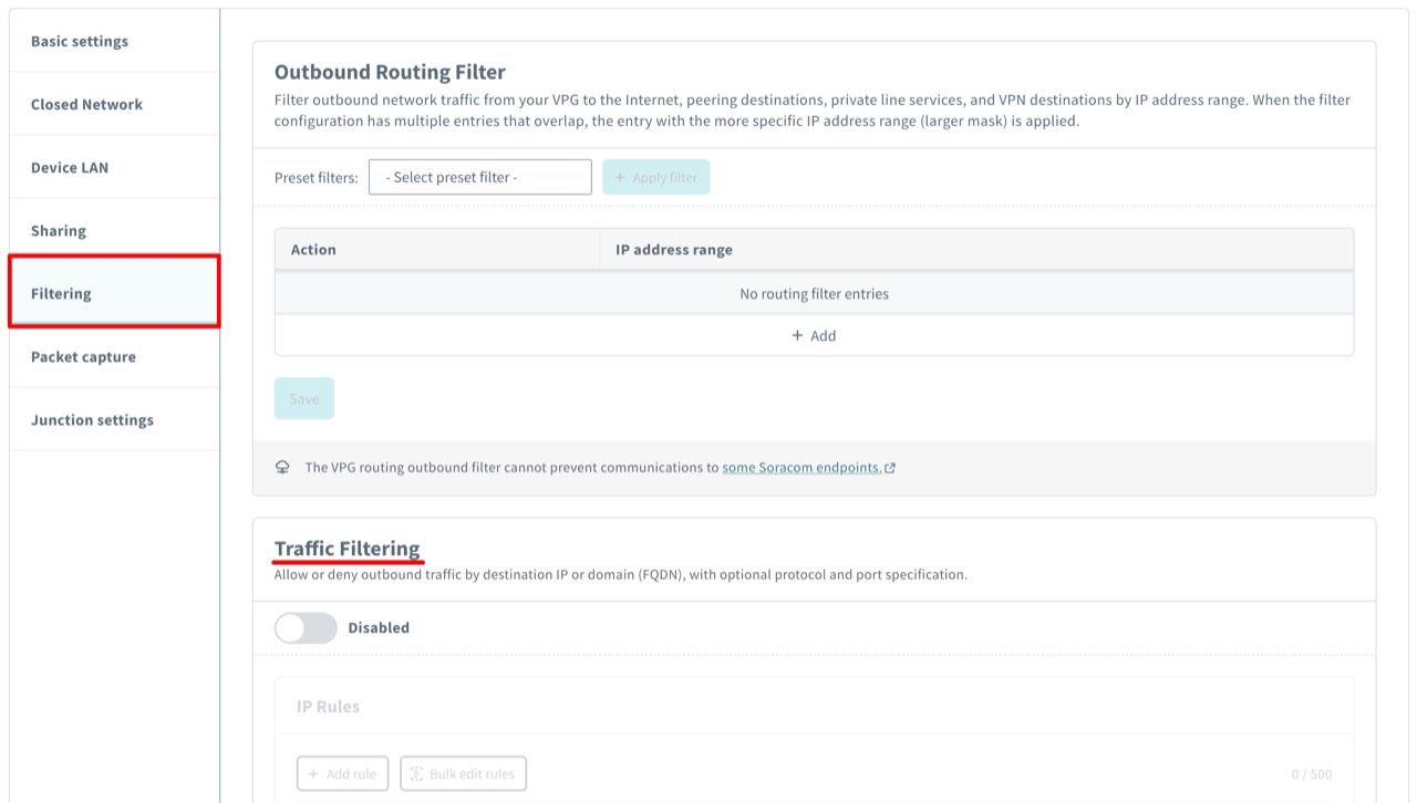 The Traffic Filtering section before it is enabled