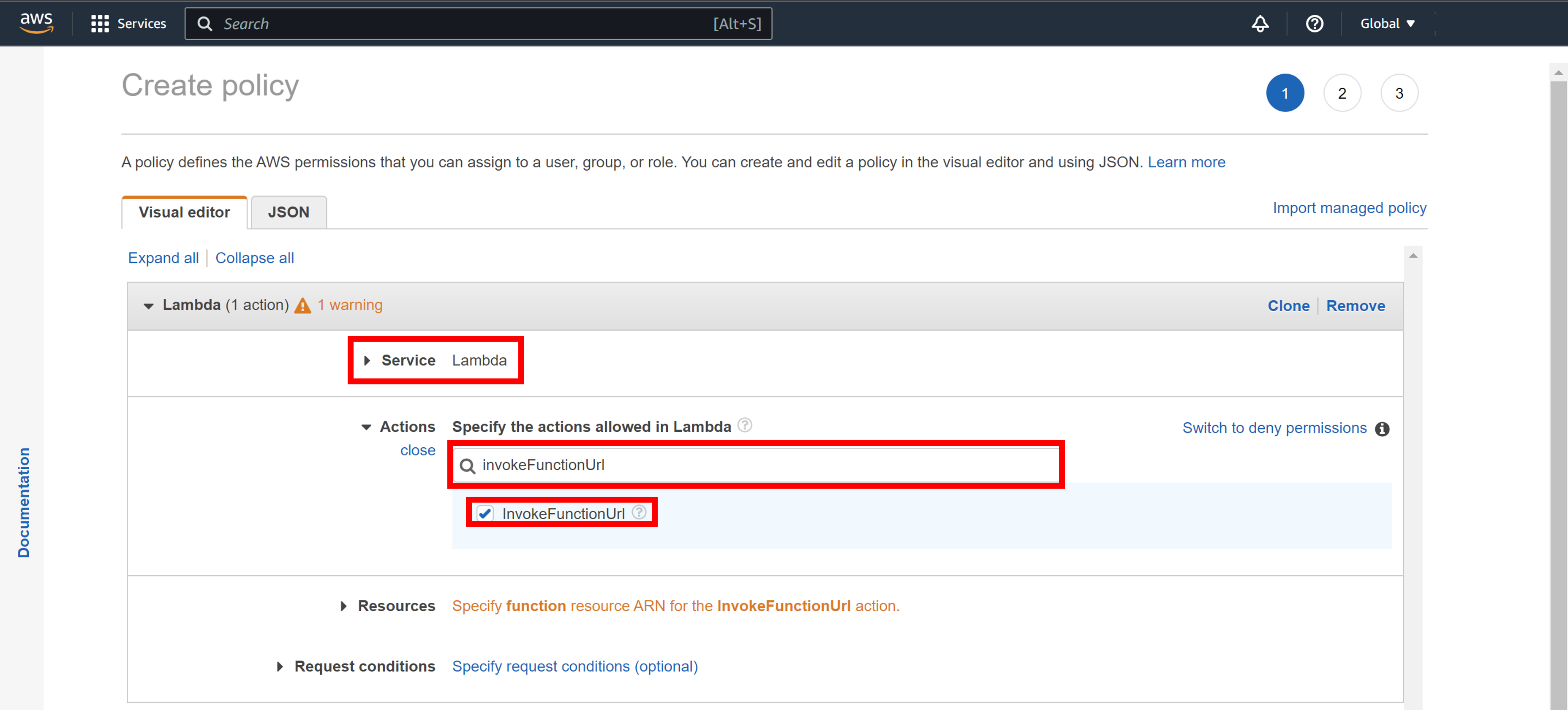 Lambda Service and InvokeFunctionUrl Action