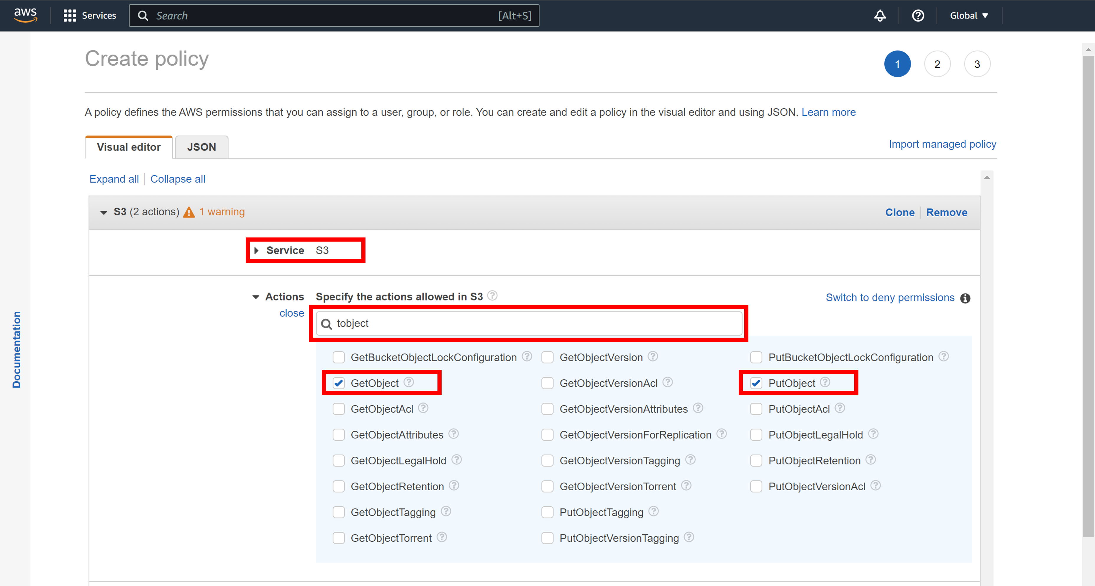 S3 Service and Actions Selection