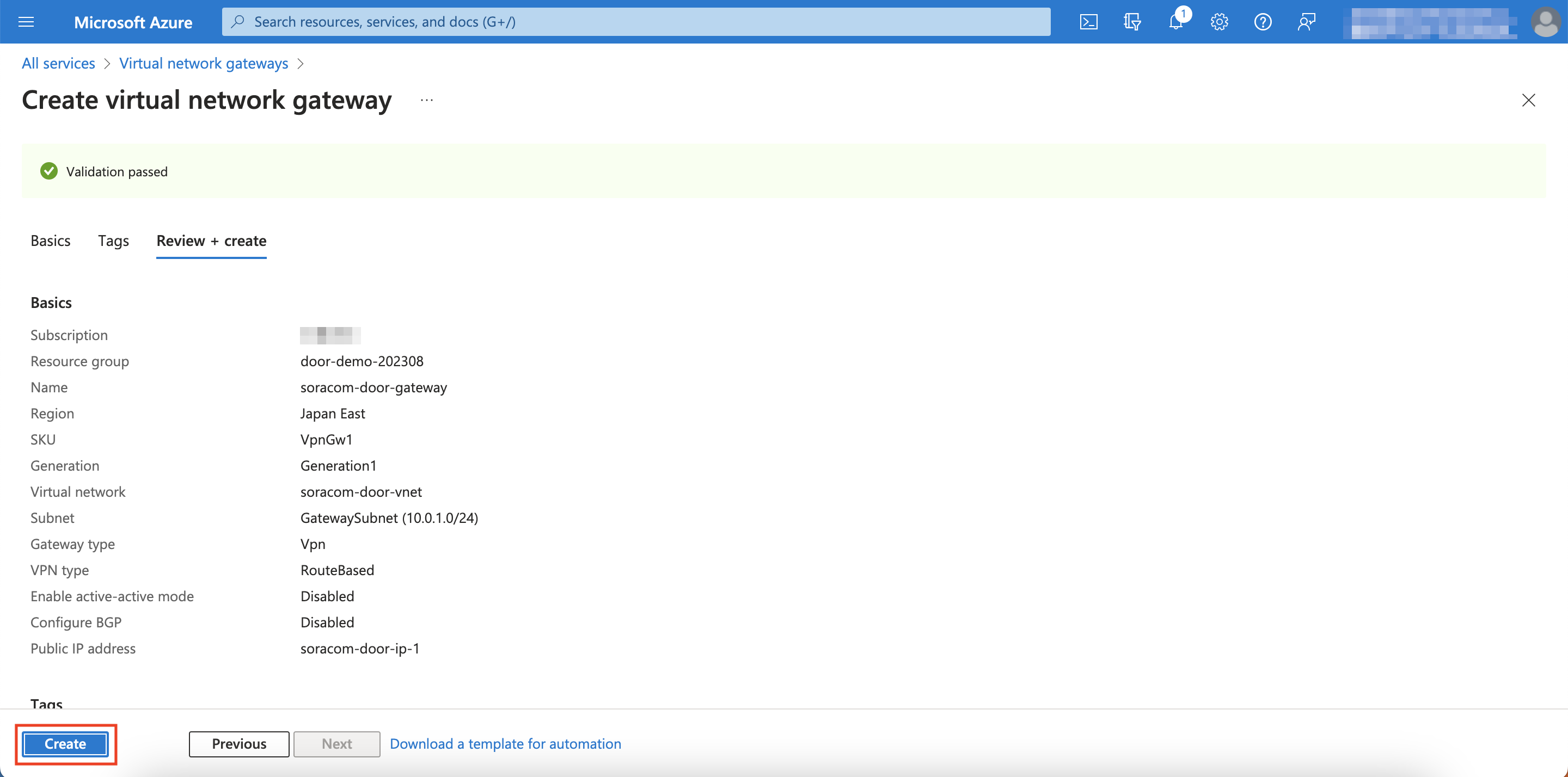 Create VPN Gateway Final Step