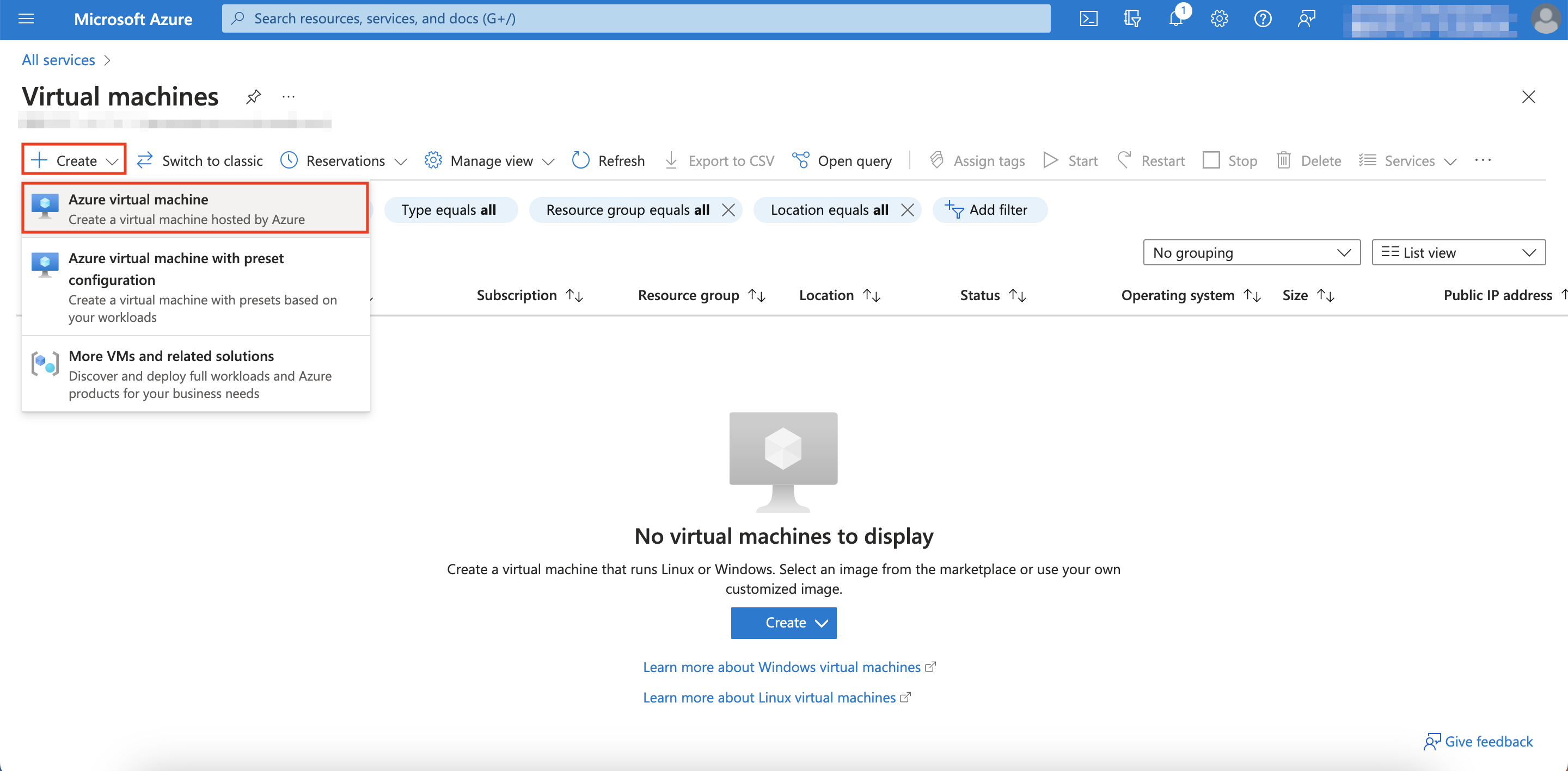 Create Azure Virtual Machine Menu