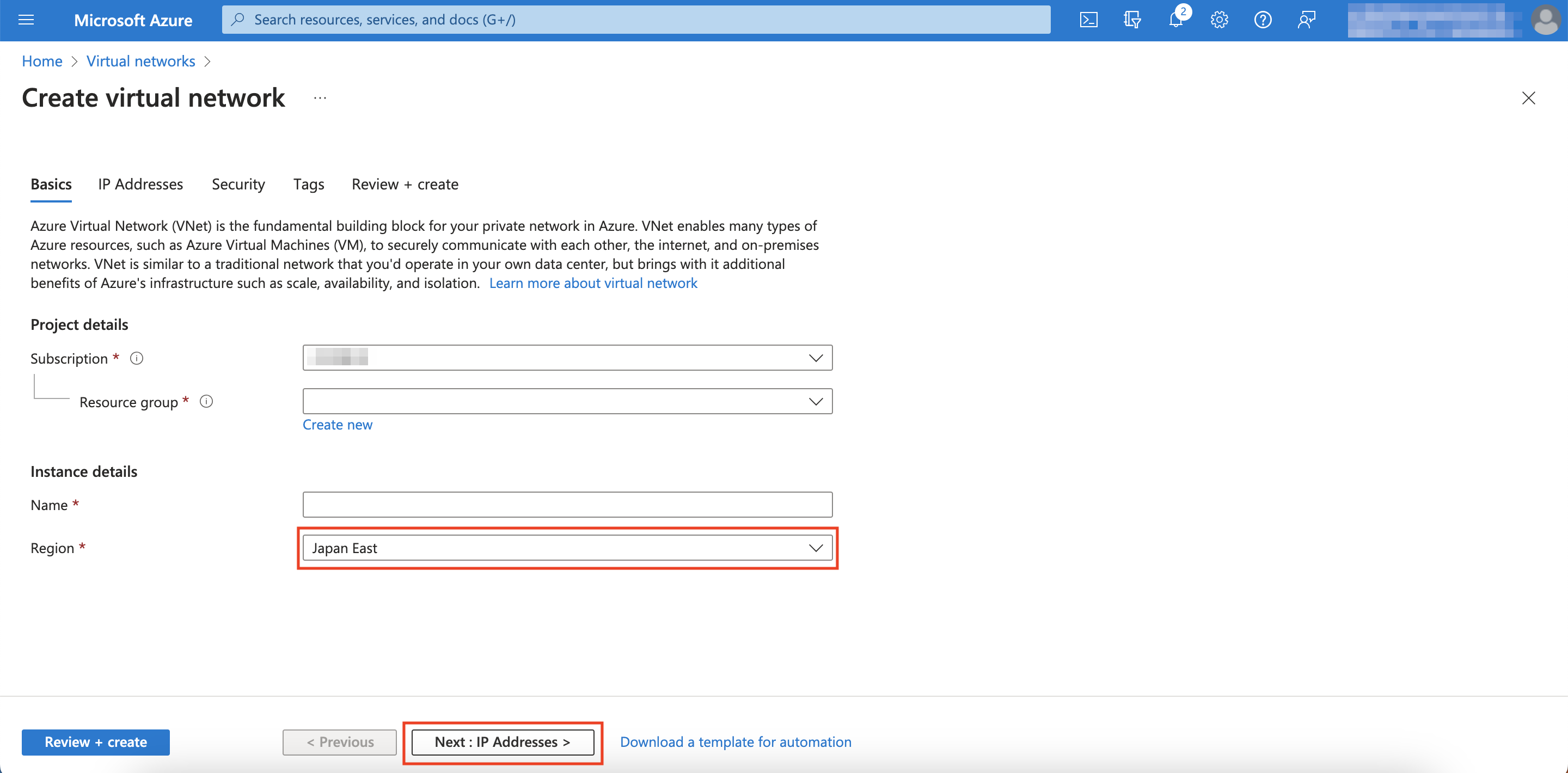Virtual Network Region Selection