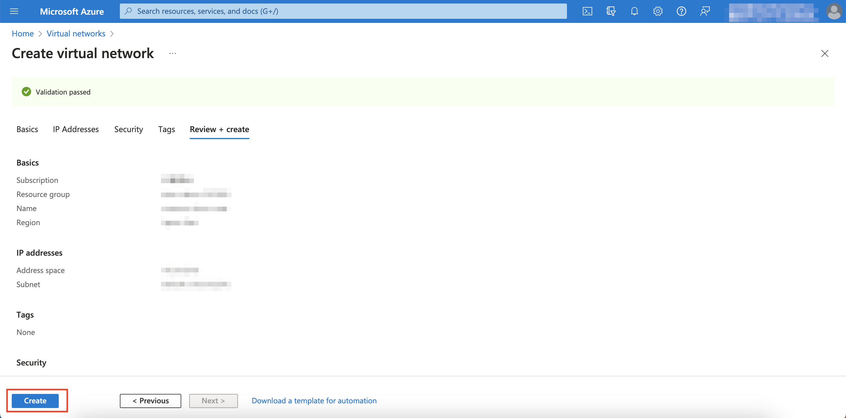 Create Virtual Network Button