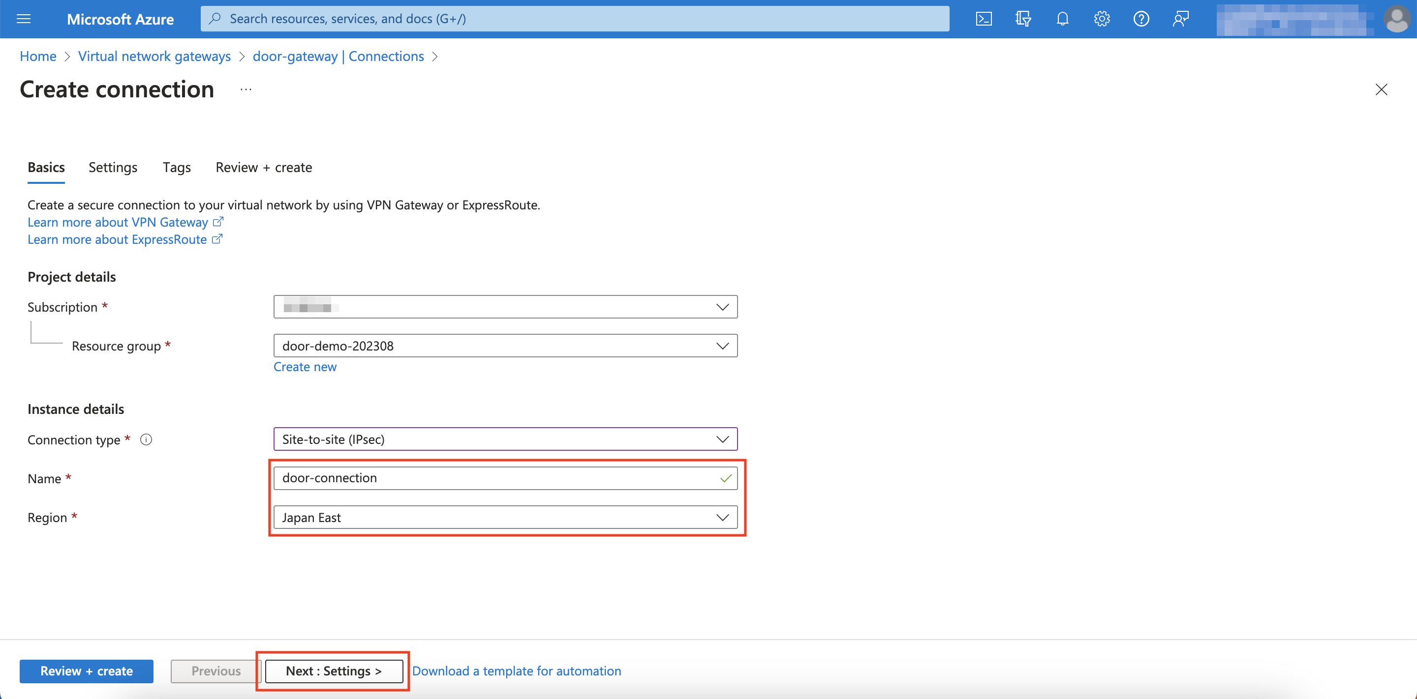 Connection Name and Region Configuration