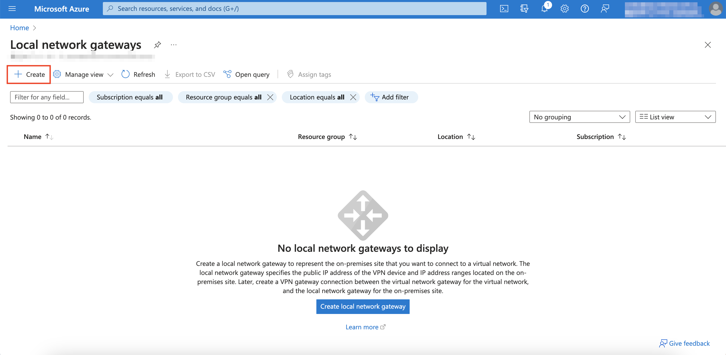 Create Local Network Gateway Button