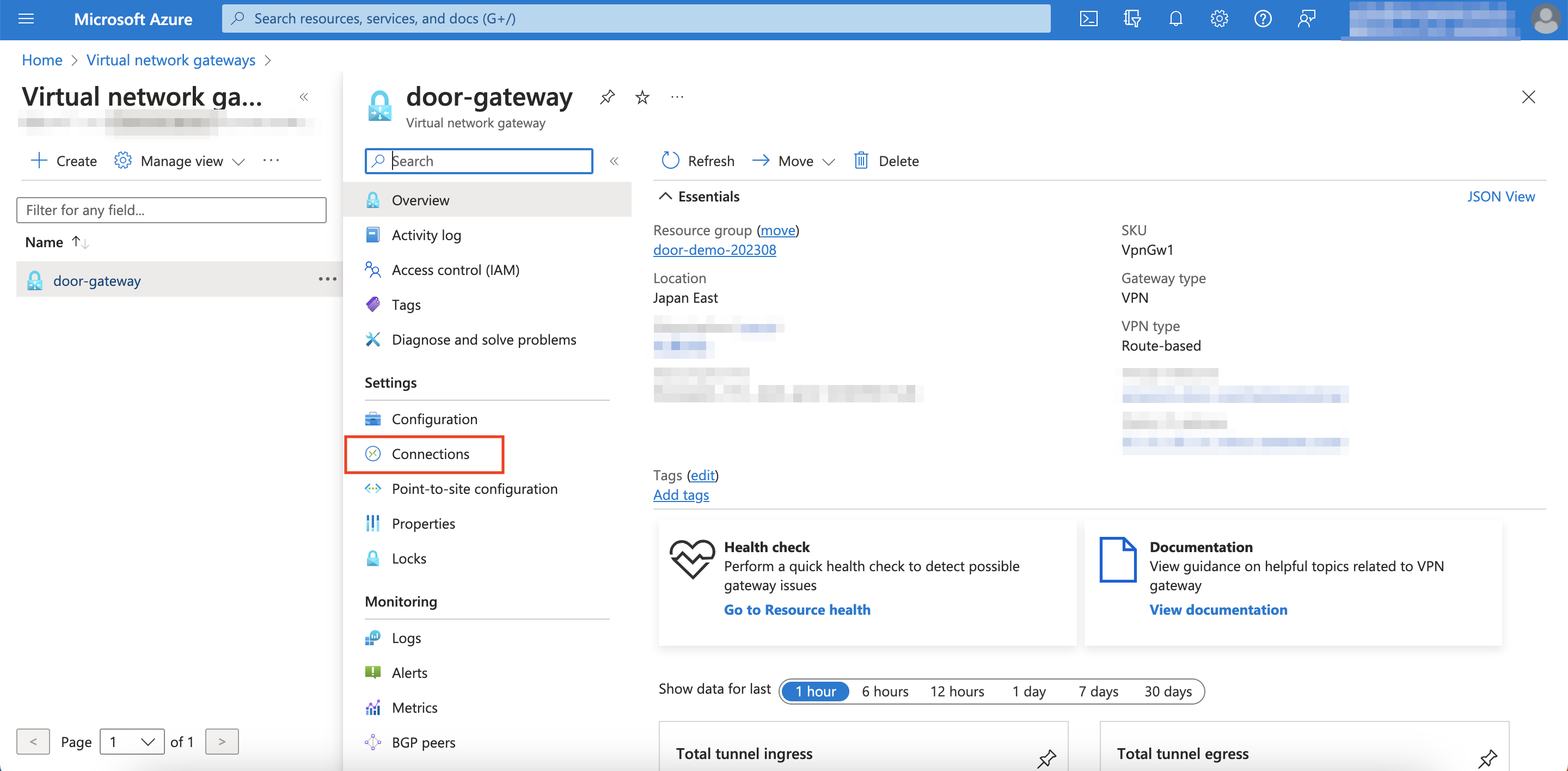 Virtual Network Gateway Connections Menu